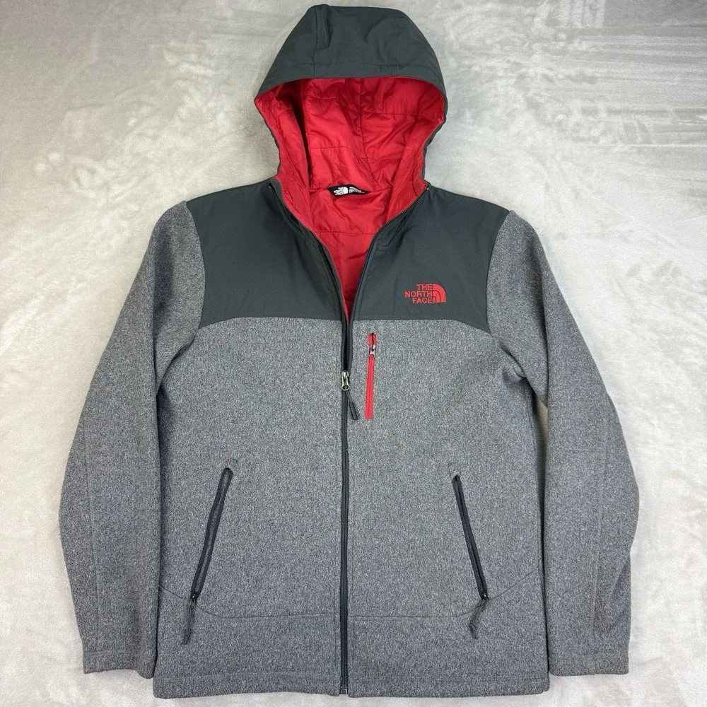The North Face Gordon Lyons Insulated Hoodie Mens Small Gray Red Full Zip Jacket
